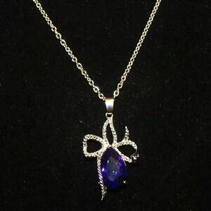 Vintage NOS Silver Blue Gemstone Bowtie Costume Cocktail Necklace Jewelry